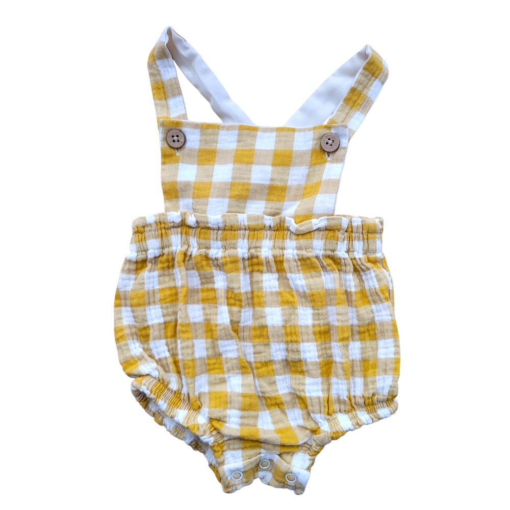 Mud Pie Baby Girl Romper Yellow Gingham Check Ruffle Suspender Outfit 6-9 Months
